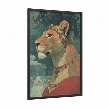 Ornate Sphinx framed art print — black wood frame — gold and teal palette