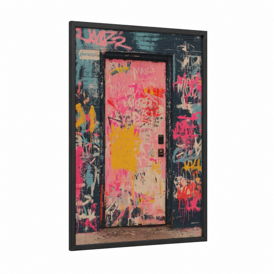 Graffiti Door framed art print — black wood frame — magenta and gold palette