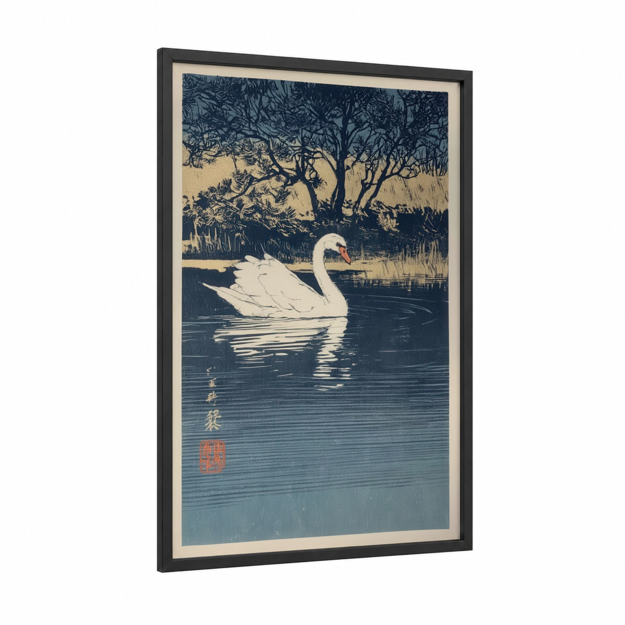 Serene Swan Lake framed art print — black wood frame — blue and white and gold palette