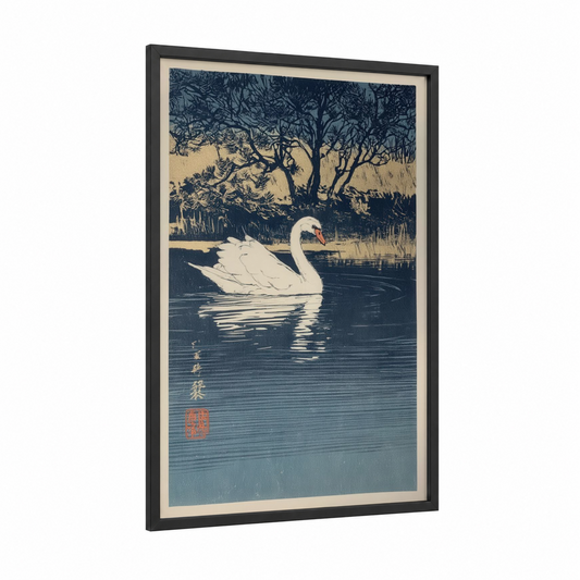 Serene Swan Lake framed art print — black wood frame — blue and white and gold palette