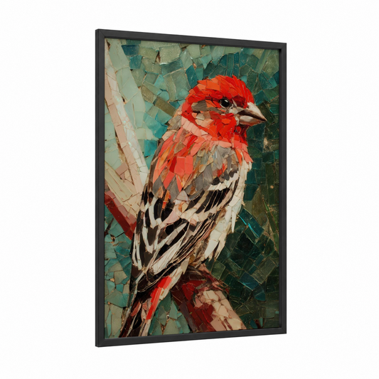 Crimson Finch framed art print — black wood frame — red and teal palette