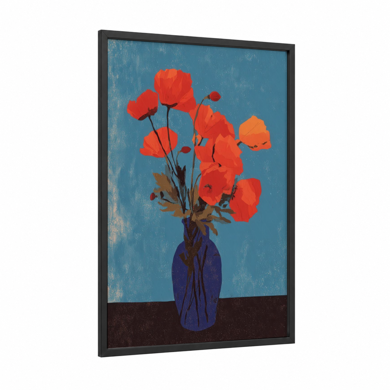 Vibrant Poppies framed art print — black wood frame — red and blue palette