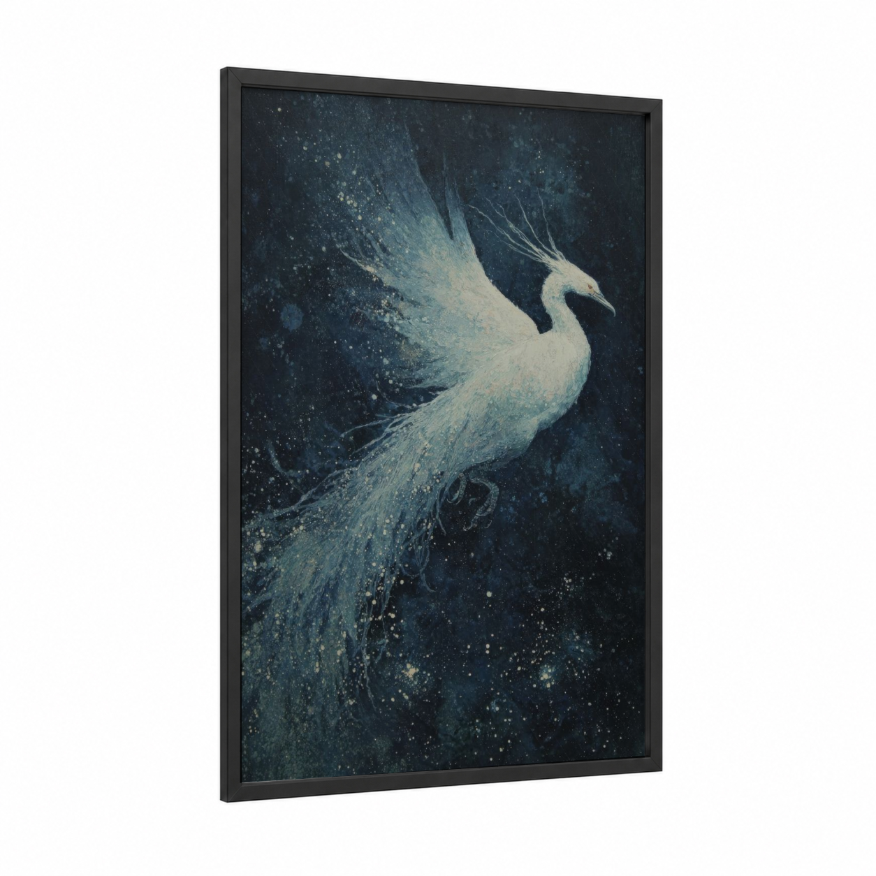 Celestial Phoenix framed art print — black wood frame — dark blue and white palette