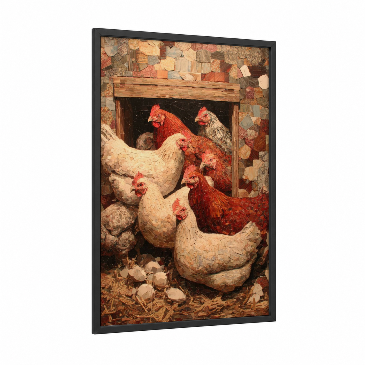 Barnyard Flock framed chicken and roosters print — black wood frame — russet and cream palette