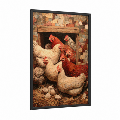 Barnyard Flock framed chicken and roosters print — black wood frame — russet and cream palette