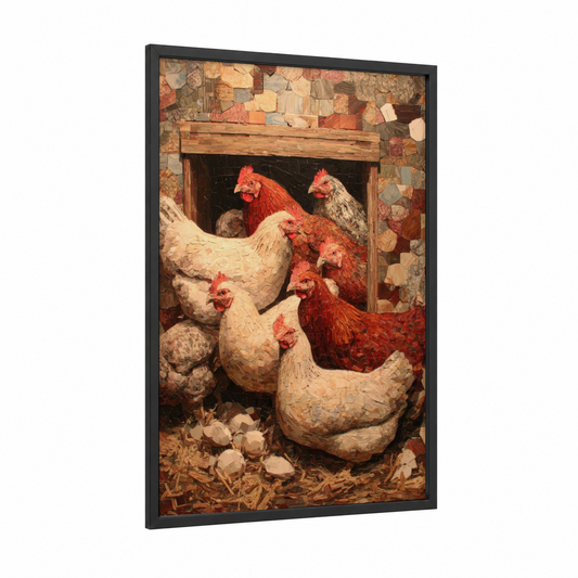 Barnyard Flock framed chicken and roosters print — black wood frame — russet and cream palette