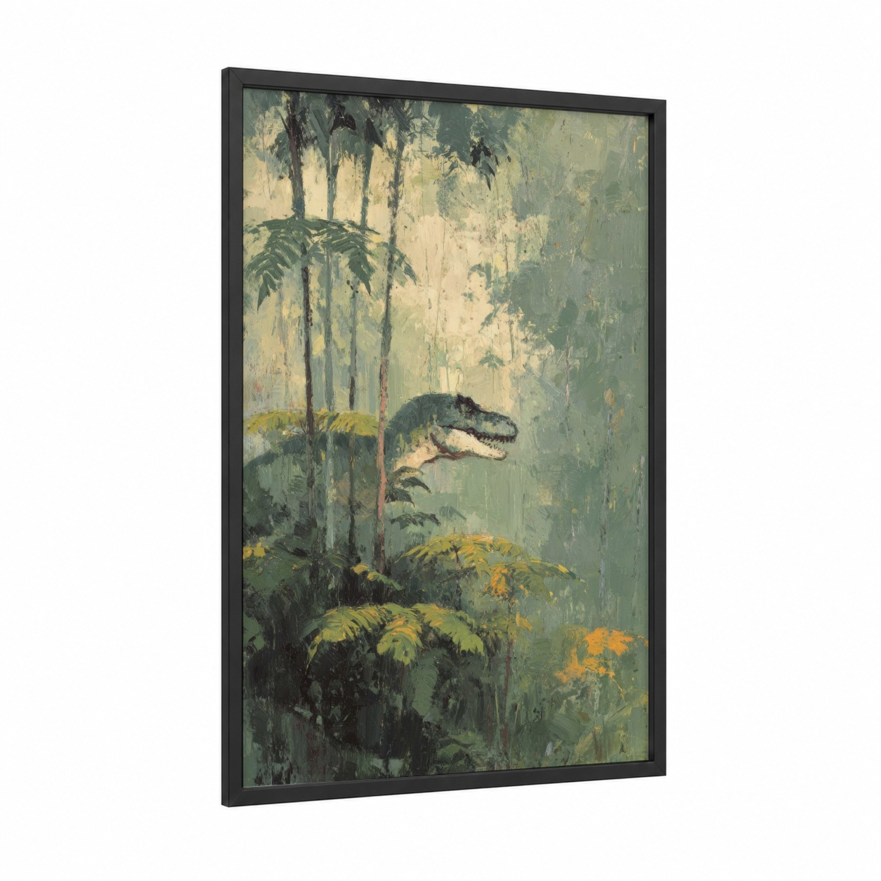 Misty Jungle Dinosaur framed art print — black wood frame — light green and gold palette