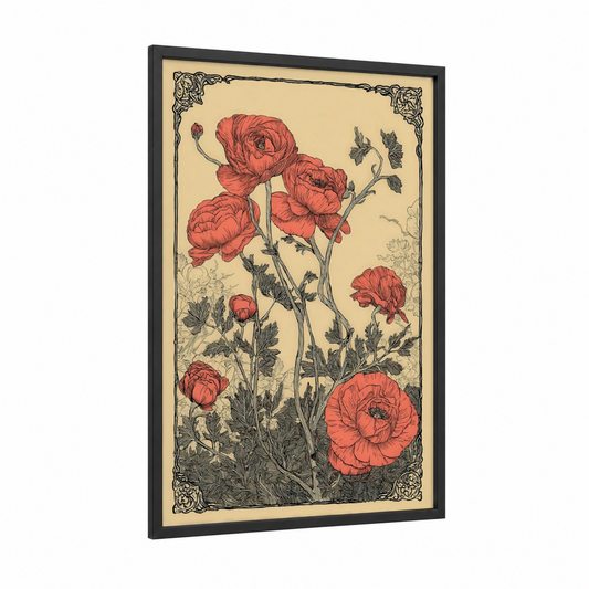Coral Ranunculus framed art print — black wood frame — peach and cream palette