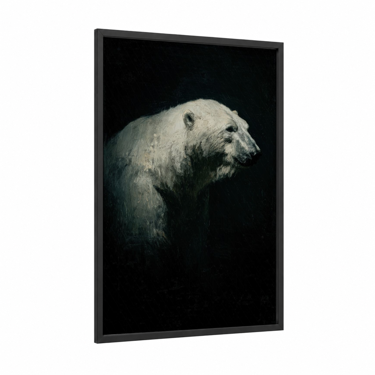 Snowy Bear Profile framed polar bear print — black wood frame — black and white palette