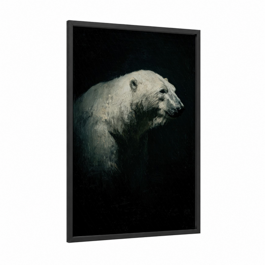 Snowy Bear Profile framed polar bear print — black wood frame — black and white palette