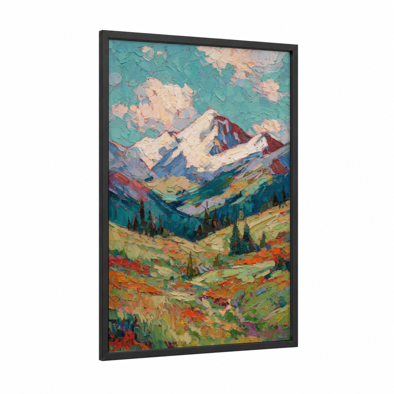 Alpine Wildflower Peak framed snowy mountains print — black wood frame — turquoise and gold palette