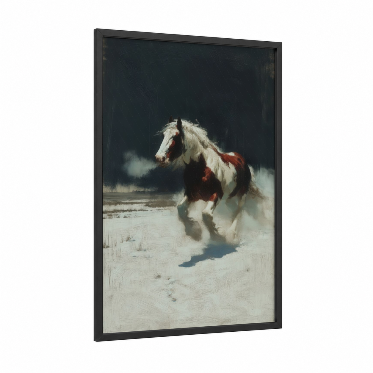 Snowy Clydesdale framed clydesdale horse print — black wood frame — white and maroon palette