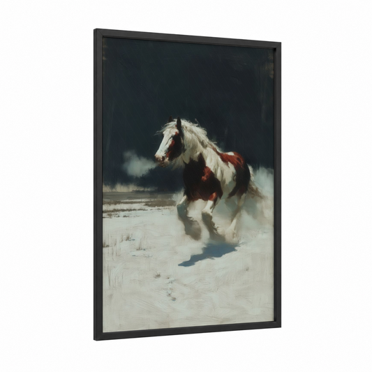 Snowy Clydesdale framed clydesdale horse print — black wood frame — white and maroon palette