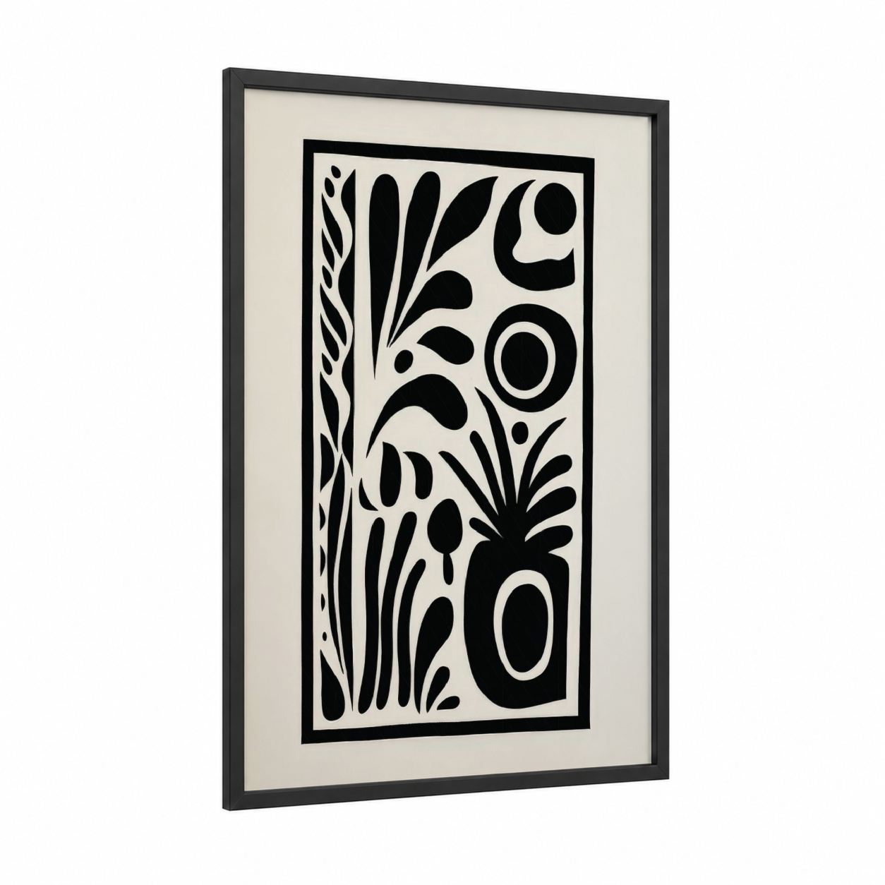 Botanical Geometry framed abstract minimalist print — black wood frame — black and white palette
