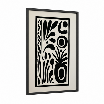 Botanical Geometry framed abstract minimalist print — black wood frame — black and white palette