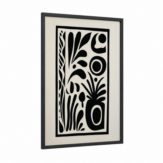 Botanical Geometry framed abstract minimalist print — black wood frame — black and white palette