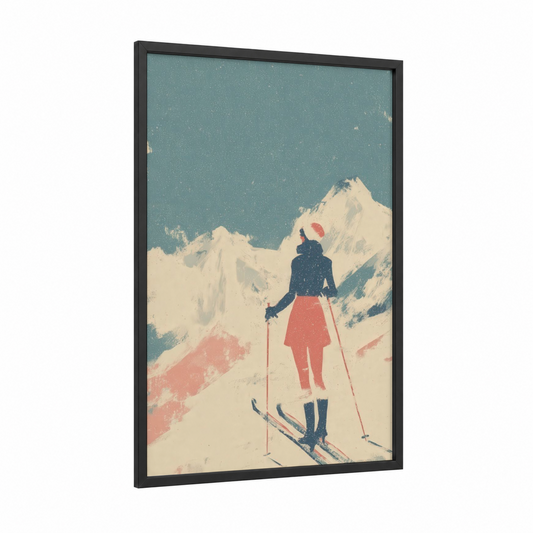 Alpine Skier framed skiing print — black wood frame — teal and cream palette