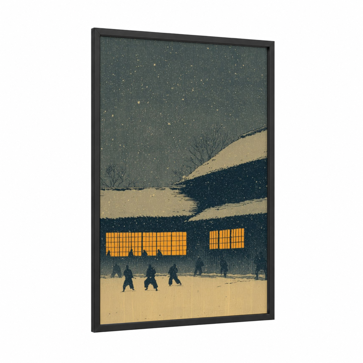 Snowy Judo Practice framed art print — black wood frame — dark blue and gold palette