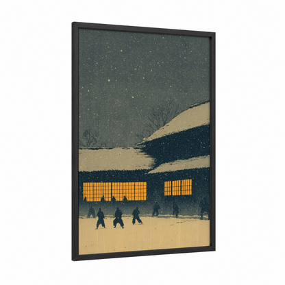Snowy Judo Practice framed art print — black wood frame — dark blue and gold palette