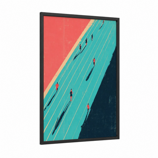 Track Runners Aerial framed track and field print — black wood frame — turquoise palette