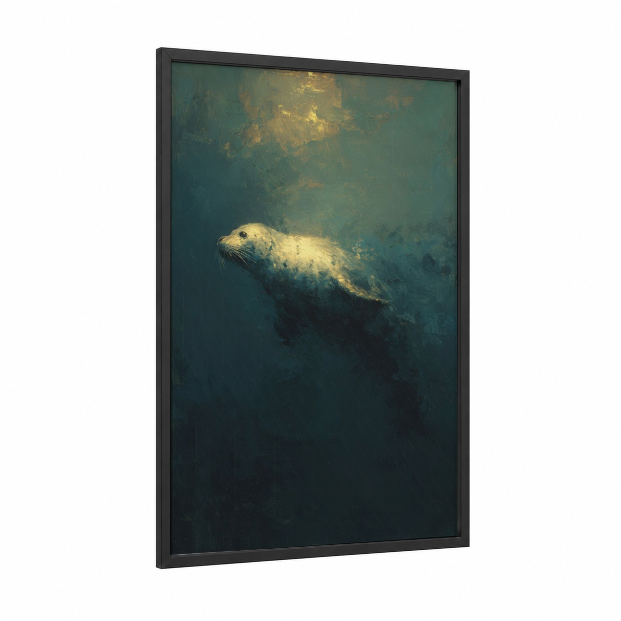Ethereal Seal framed art print — black wood frame — teal and gold palette