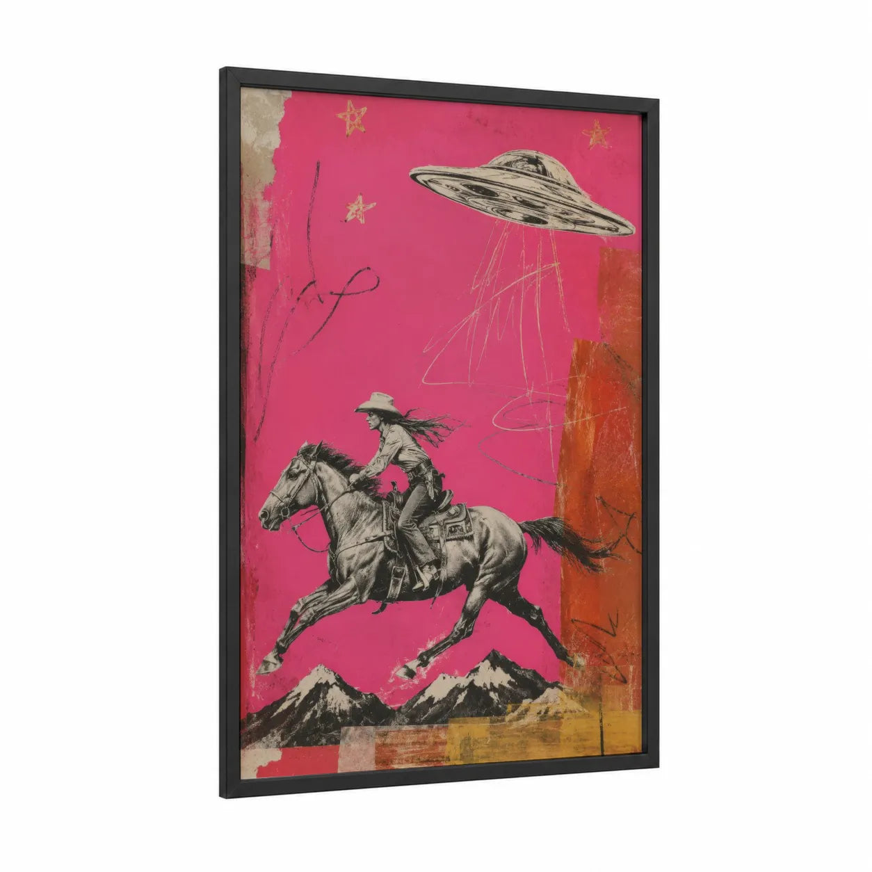 UFO Cowboy Rider Wall Art framed art print — black wood frame — pink and gold palette