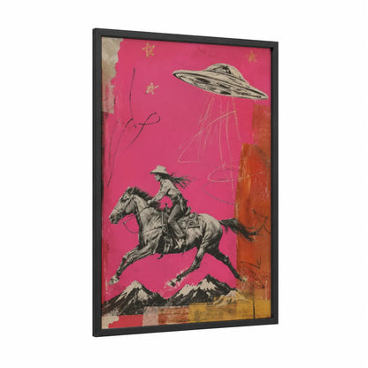 UFO Cowboy Rider Wall Art framed art print — black wood frame — pink and gold palette