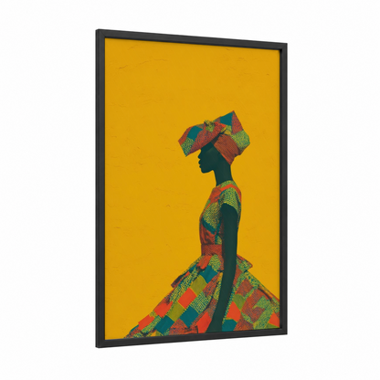 African Elegance framed women's fashion print — black wood frame — yellow gold and teal palette
