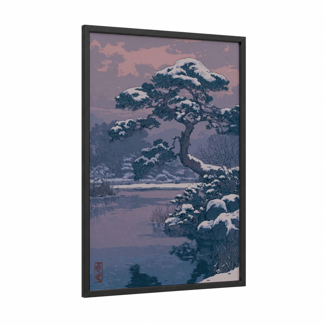Snowy Cedar Sanctuary framed cedar tree print — black wood frame — lavender and dark blue palette