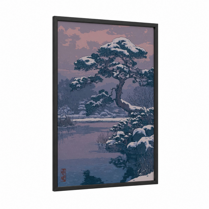 Snowy Cedar Sanctuary framed cedar tree print — black wood frame — lavender and dark blue palette