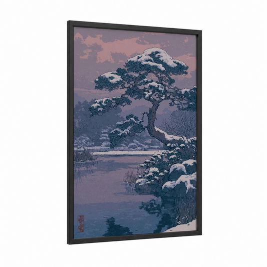 Snowy Cedar Sanctuary framed cedar tree print — black wood frame — lavender and dark blue palette