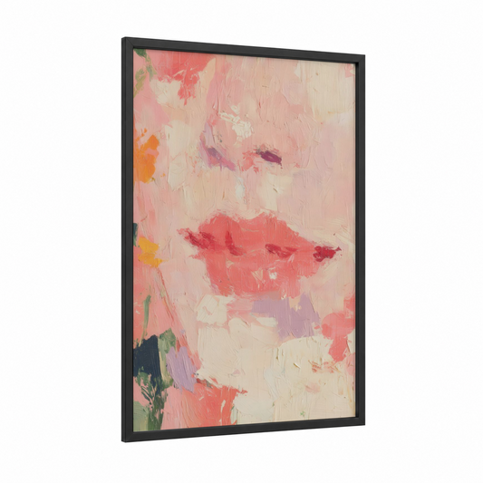 Coral Lip Study framed art print — black wood frame — pink and cream palette