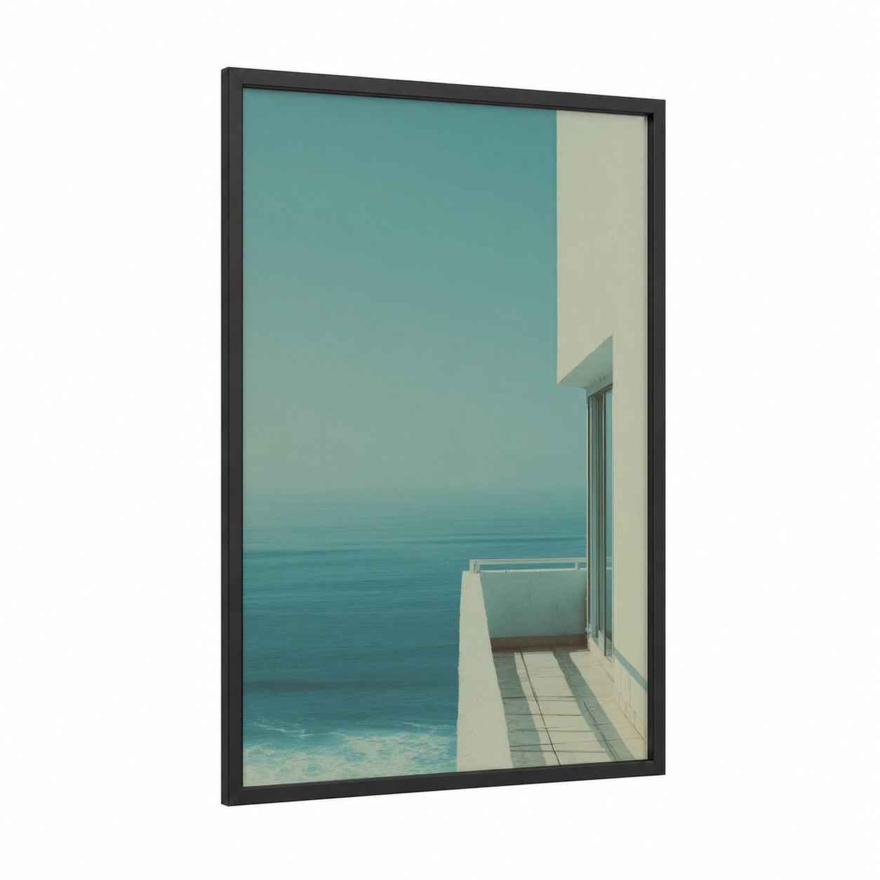 Coastal Modernism framed beach town print — black wood frame — teal and cream palette