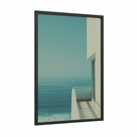 Coastal Modernism framed beach town print — black wood frame — teal and cream palette