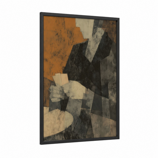 Abstract Card Game framed art print — black wood frame — russet and gray and white palette