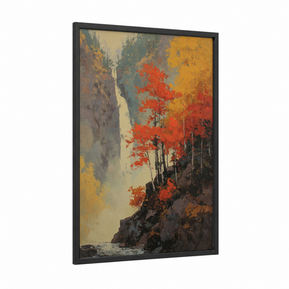Autumn Cliff framed art print — black wood frame — gold and red palette