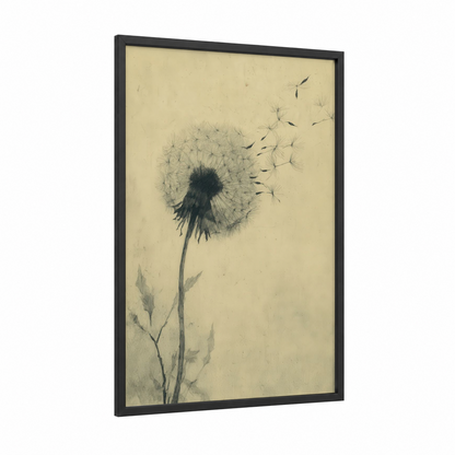 Drifting Dandelion framed art print — black wood frame — cream and gray palette