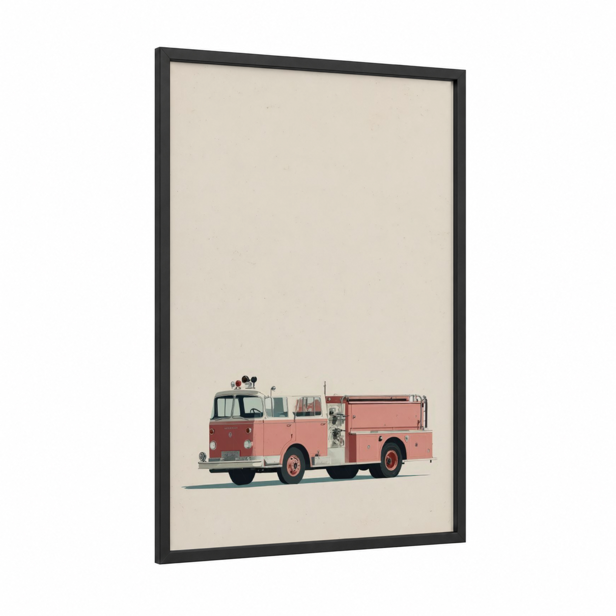 Vintage Fire Engine framed art print — black wood frame — russet and cream palette