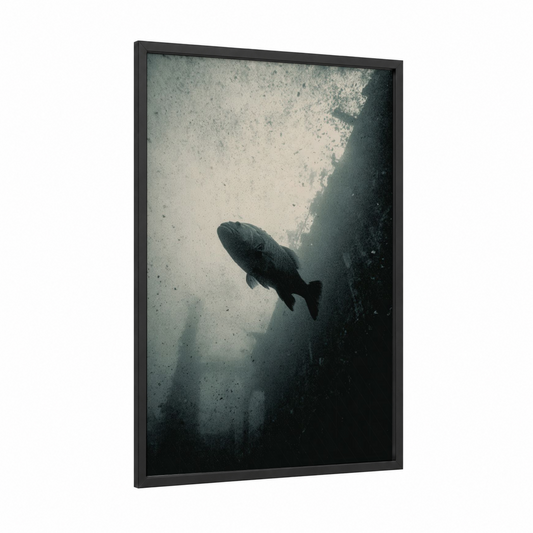 Deep Water Tarpon framed art print — black wood frame — gray and black and white palette