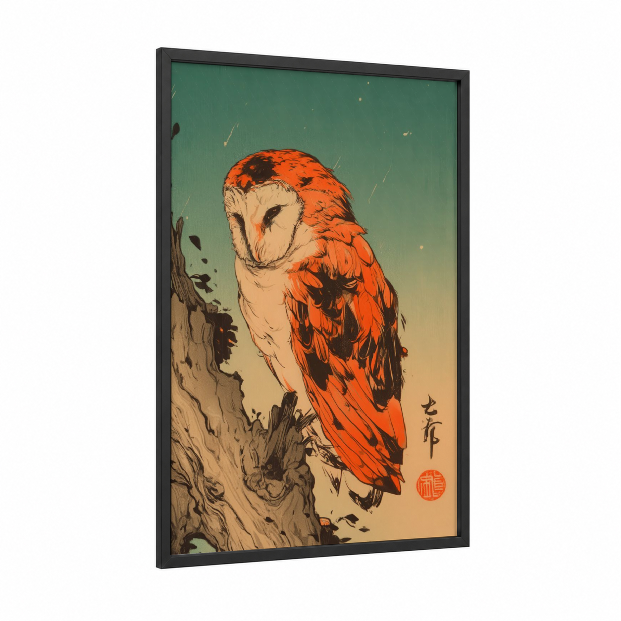 Scarlet Barn Owl framed art print — black wood frame — orange and teal palette
