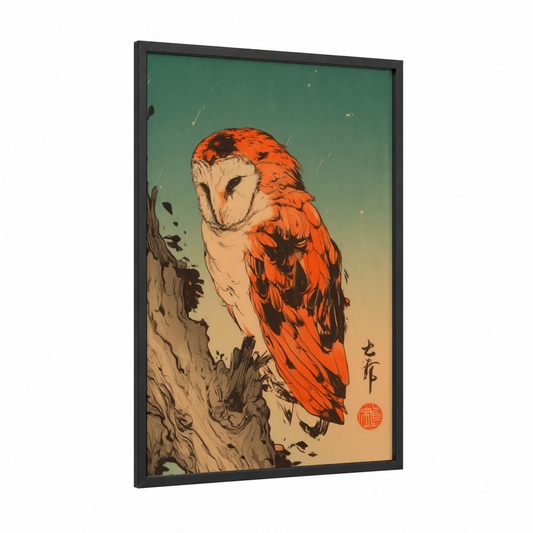 Scarlet Barn Owl framed art print — black wood frame — orange and teal palette