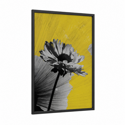 Golden Daisy framed abstract flower print — black wood frame — yellow gold and black and white palette