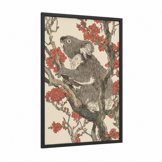 Blossom Koala framed art print — black wood frame — cream and russet palette