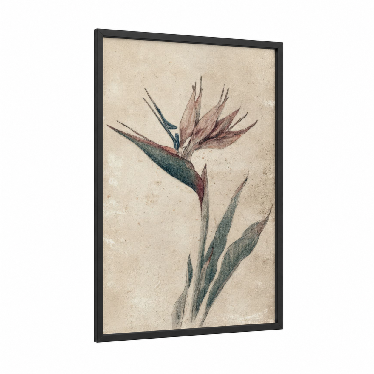 Stained Paradise Bloom framed birds of paradise print — black wood frame — cream and russet palette
