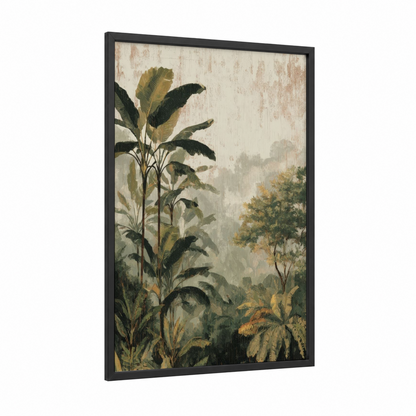 Misty Palm Forest framed art print — black wood frame — sage green and cream palette