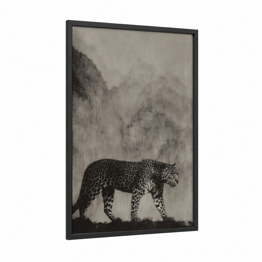 Misty Mountain Leopard framed art print — black wood frame — black and white and gray palette
