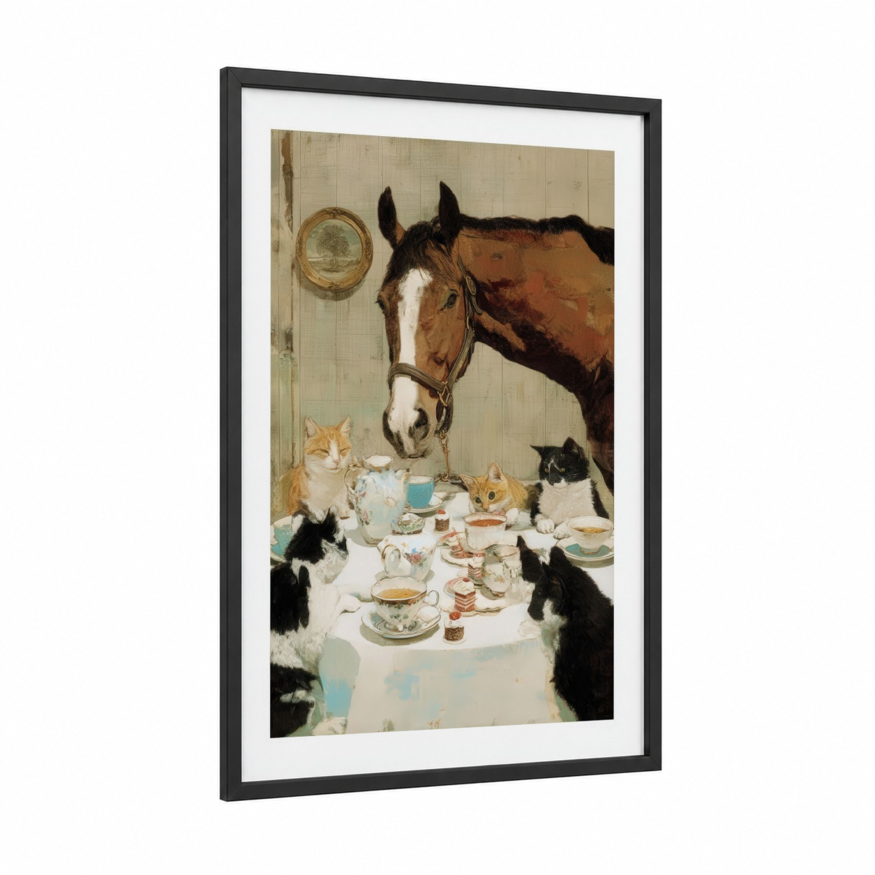 Thoroughbred Tea Party framed thoroughbred horse print — black wood frame — cream and brown palette