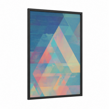 Prismatic Geometry framed abstract geometric print — black wood frame — blue and peach palette
