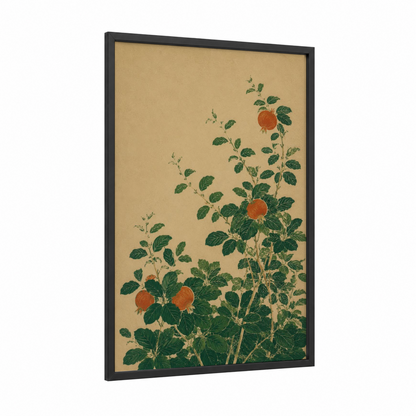 Japanese Persimmon Tree Wall Art framed fruit trees print — black wood frame — beige and true green palette