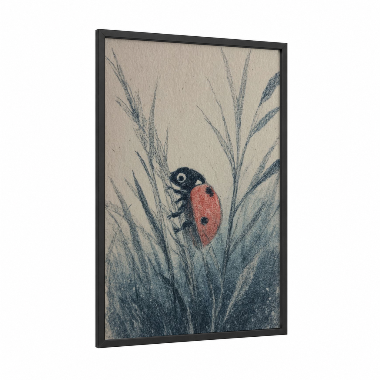 Ladybug Among Grass framed art print — black wood frame — red and gray palette
